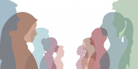 Silhouettes of diverse peoples and overlapping circles