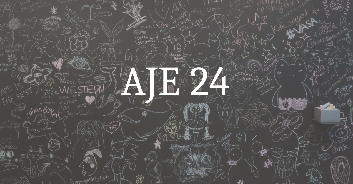 AJE blackboard with doodles