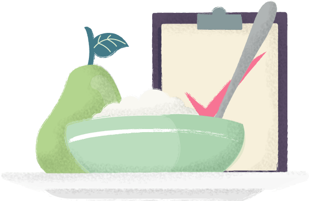 image of a pear, cereal, and a clipboard