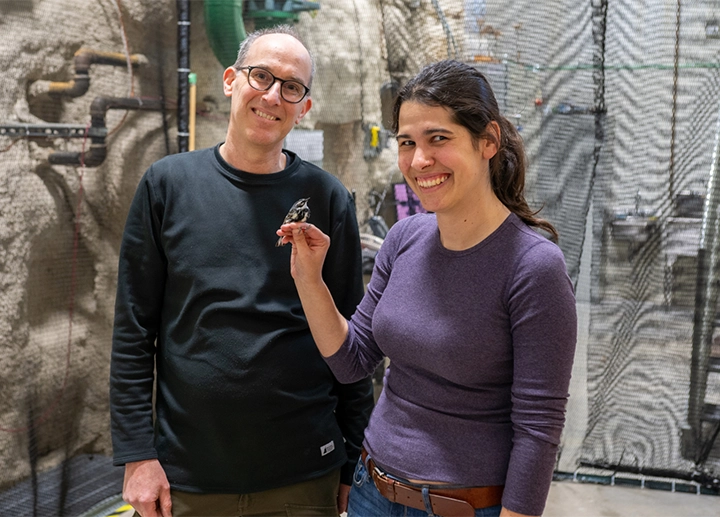 Professor Chris Guglielmo and postdoctoral scholar Cather Ivy inside the Advance Facility for Avian Research