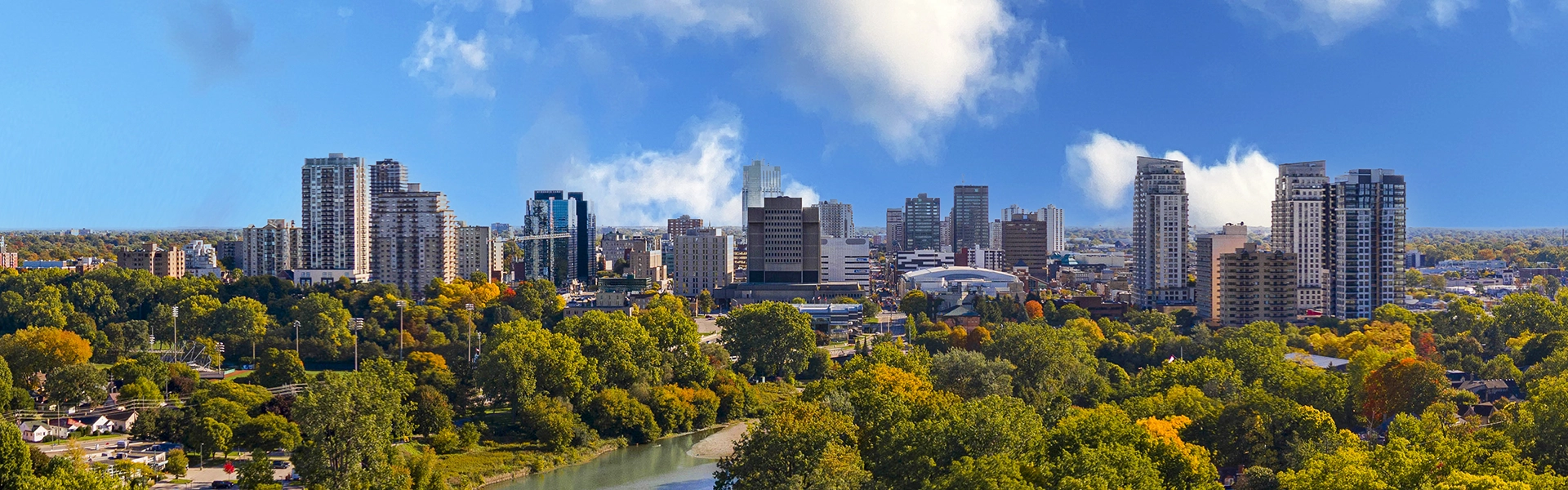 Drone shot of downtown London and the forks of Deshkhan Ziibi (Thames River)