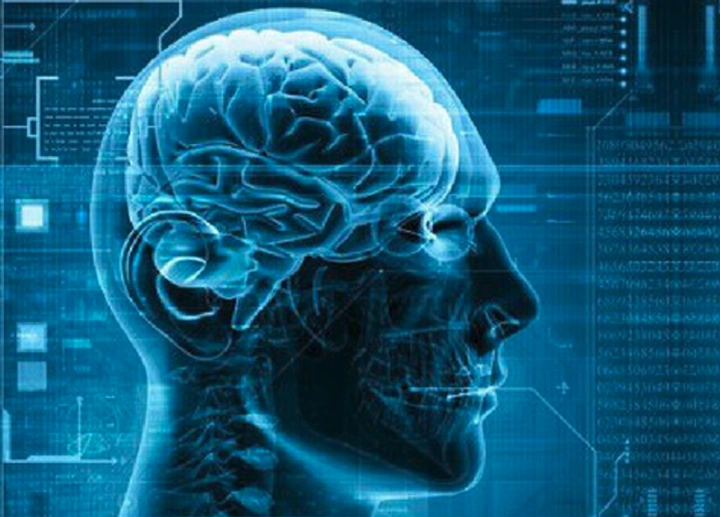 Digital render of a brain inside a human with digital interfaces in the background